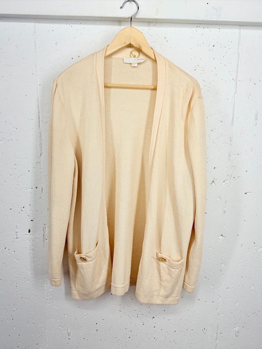 St. John Basics Women’s Size Large Cream Long Open Front Cardigan Sweater